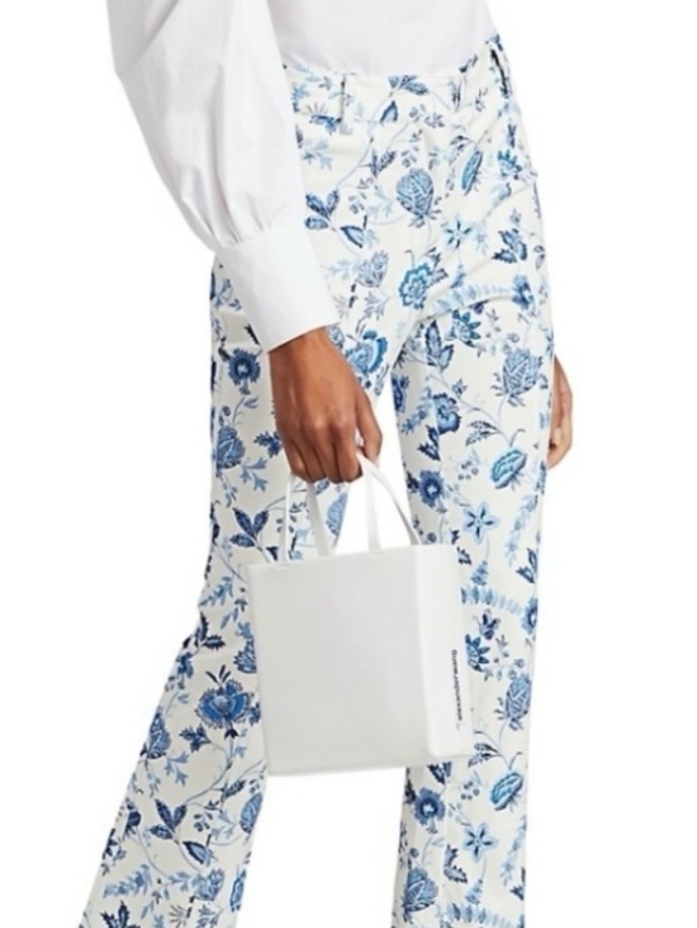 #311 -10 CROSBY DEREK LAM White Pants with Blue Floral Print NWT Cotton Sz 10